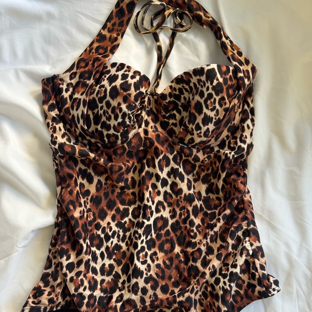 Leopard Print Halter Tie Vintage Style Swimsuit Padded Bust sz M/8 - Picture 2 of 7